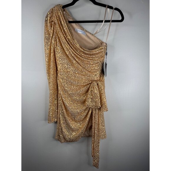 Mac Duggal 26977 Sequined One Shoulder Gold Mini Cocktail Dress Size 6 NWT $398 - Picture 4 of 6